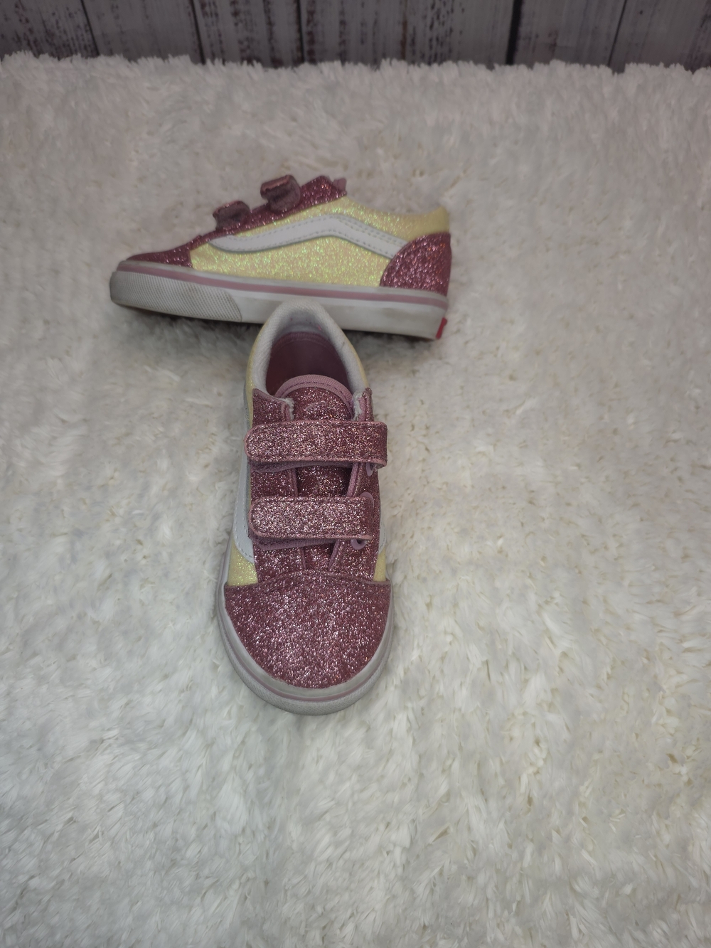 Vans Old Skool V Pink & Yellow Glitter Velcro Sneakers Toddler Size 7.5